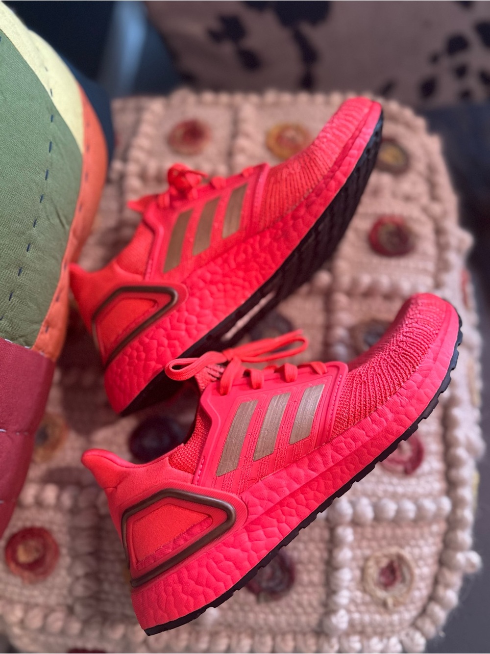 Adidas Women’s Ultra Boost Neon Red Knit Comfort Running Sneakers Gold Stripes - Picture 4 of 10